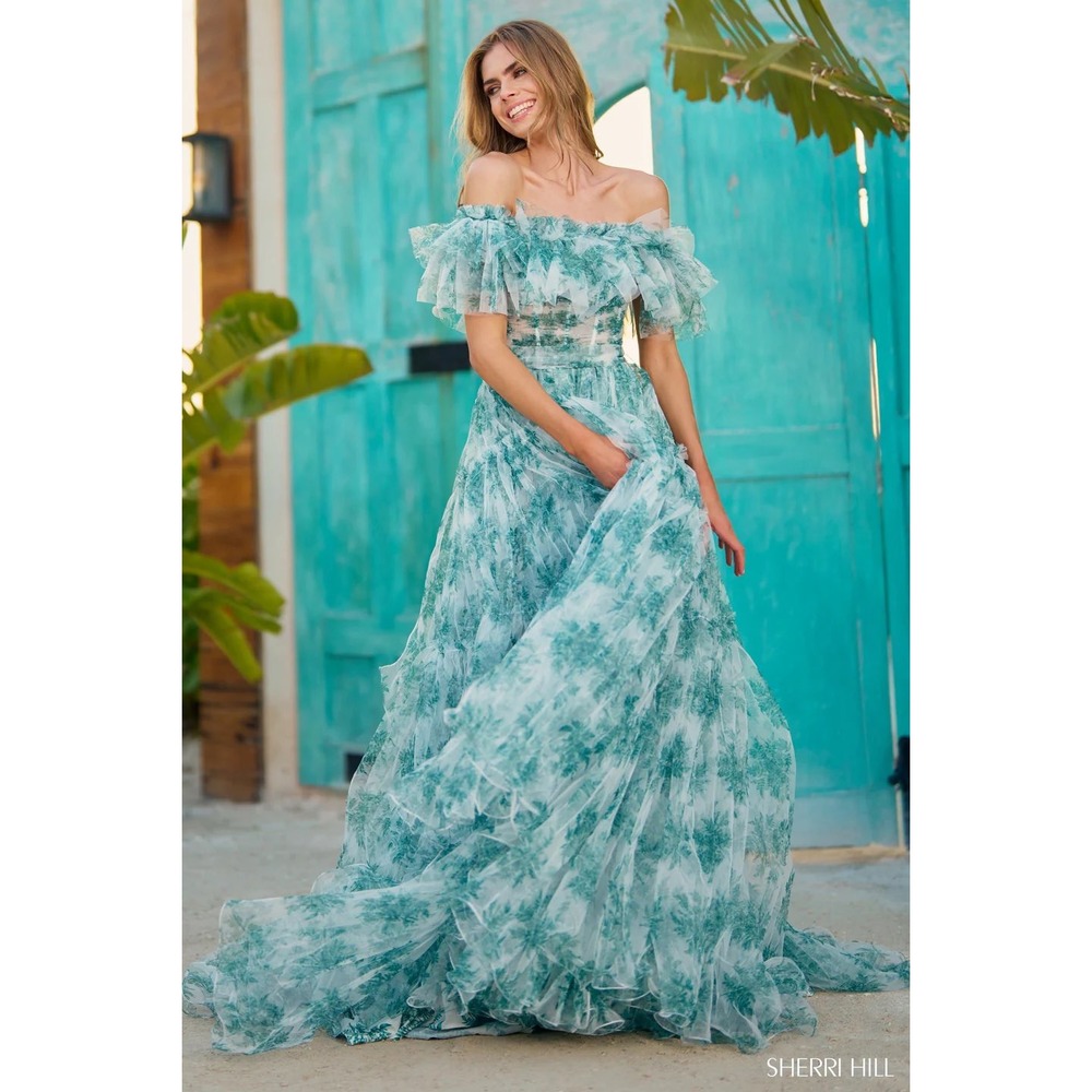 NWT‎ Sherri Hill 56128 Off Shoulder Floral Corset Gown Size 0 $998